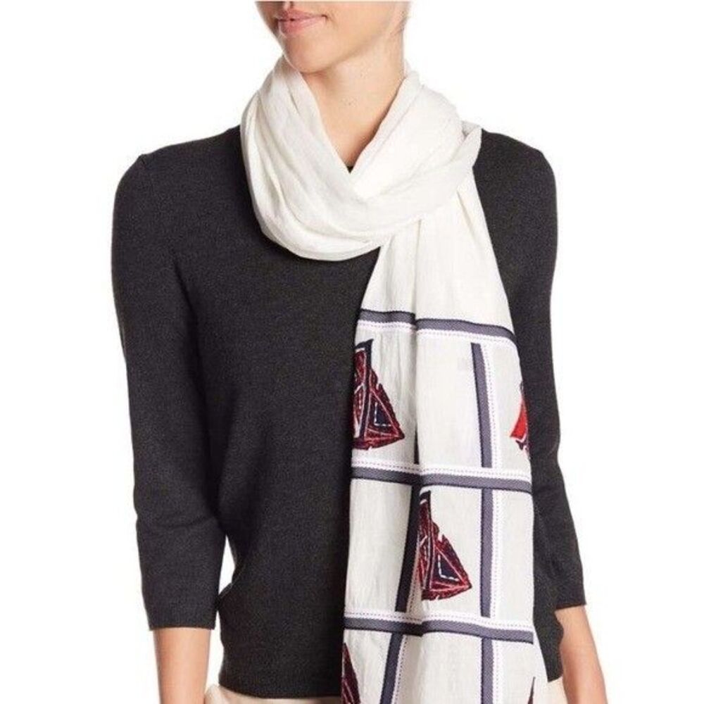 Tory Burch White Scarf with Navy Grid and Red Sailboat Motif